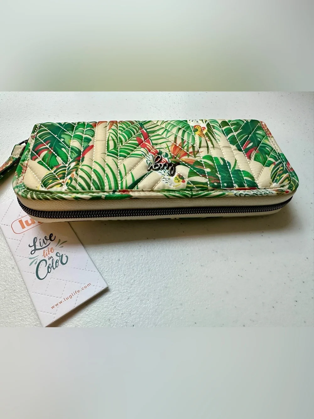 Lug Straddle Zip Around RFID Wristlet Waller Tropical Birds Cream NWT